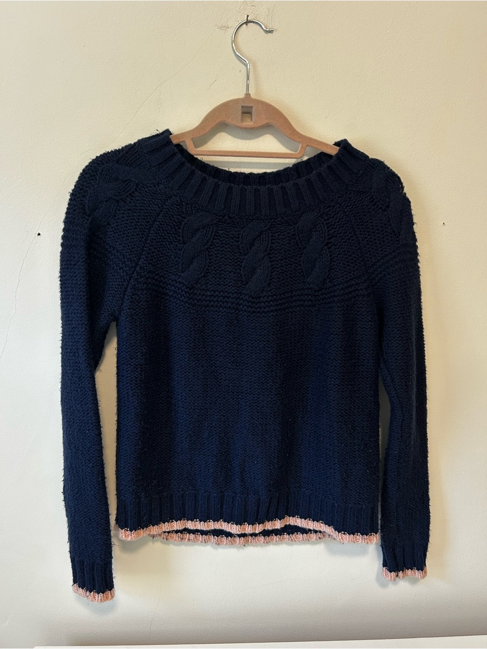 aerie Navy Cable-Knit Crewneck Sweater with Pink Trim